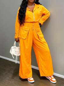 Slaydiva 秋冬新款女装休闲街头风音乐节复活节生日派对日常百搭爆款褶裥长袖拉链短款外套和阔腿裤时尚套装 - 橘色 - 查看 5