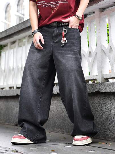 Jeans anchos de pierna casual lavados y vintage para hombres