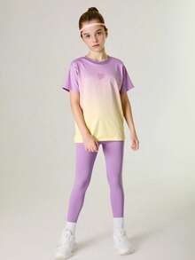 SHEIN Bộ 2 áo thun + quần legging cho bé gái tuổi teen, đồ tập yoga thể thao chạy bộ co giãn nhiều màu sắc thời trang đường phố - Màu Lilac Tím - Xem 3