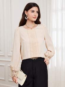 EMERY ROSE Women's Elegant Solid Color Lace Patchwork Blouse, Autumn - Apricot - View 4