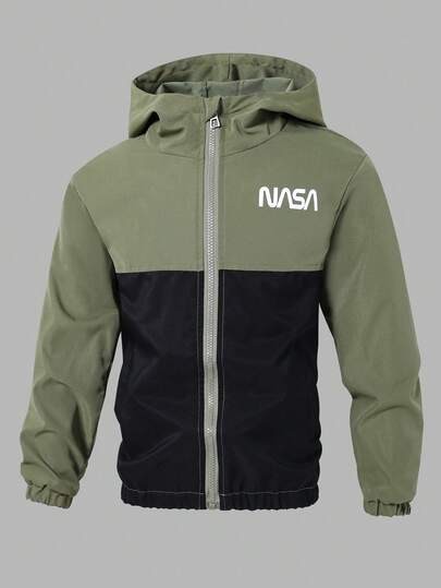 Teen Boy Color Block Letter Print Hooded Jacket