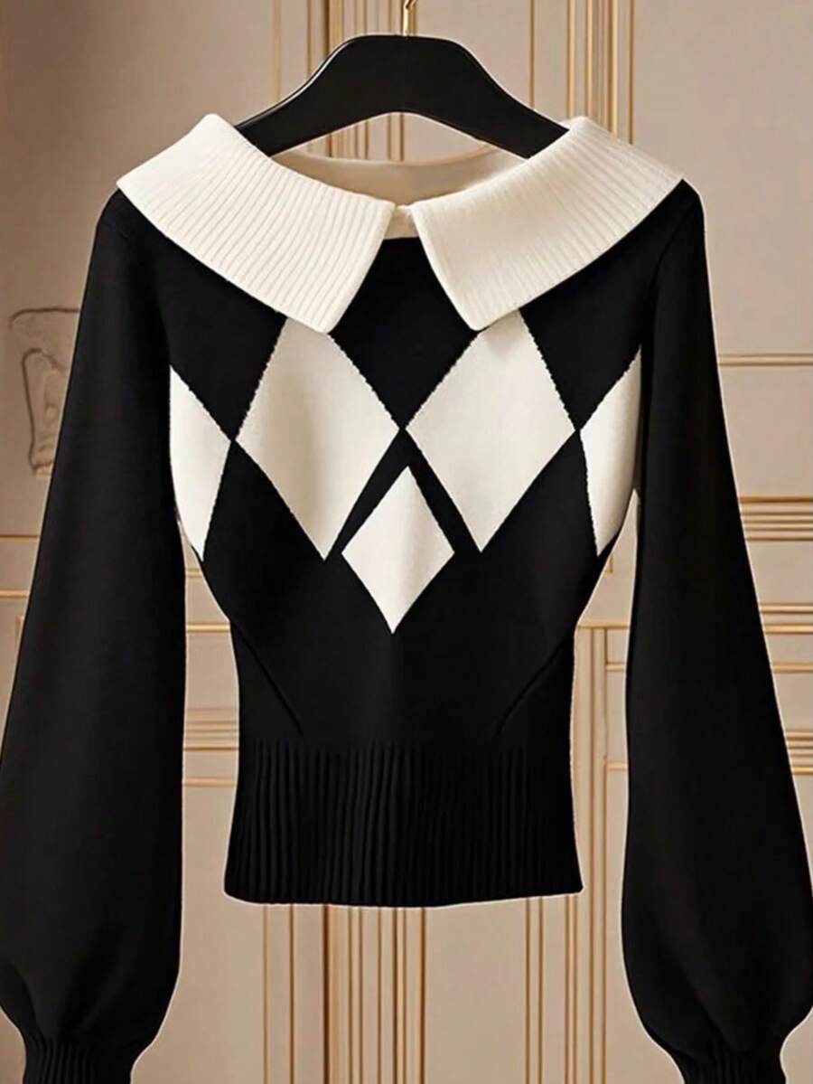 SHEIN Franclia 欧美博主同款设计，菱形格纹几何黑白撞色领口返校休闲风宽松长袖针织修身灯笼袖套头毛衣，秋冬女装，适合圣诞节和新年穿着。 - 彩色 - 查看 1