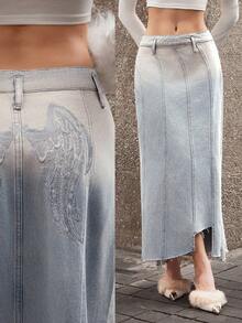 Selenza Chân váy denim họa tiết cánh bất đối xứng thanh lịch và thời trang dành cho nữ - Màu xanh lam - Xem 9