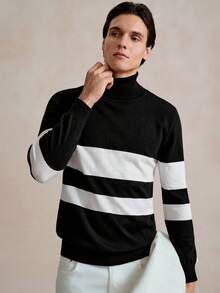 Manfinity Mode Men's Striped High Neck Loose Casual Knitted Color Block Long Sleeve Sweater, Autumn/Winter, For Going Out, Husband