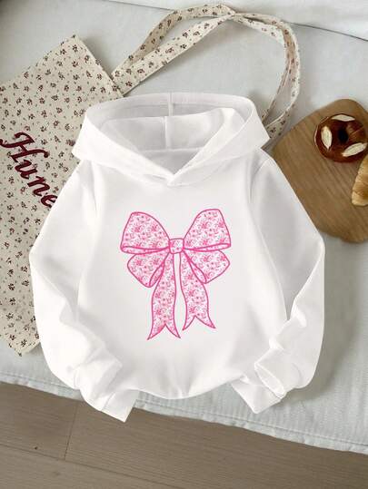 Baby Girl Casual Comfortable Hooded Sweatshirt, Pink Floral Bow Pattern, Cozy Pullover Sweatshirt, Simple & Fresh Style, Suitable For Autumn/Winter, Warm, Comfortable, Suitable For Parties, Outdoor Picnics, Street Photography, Holidays, Gifts