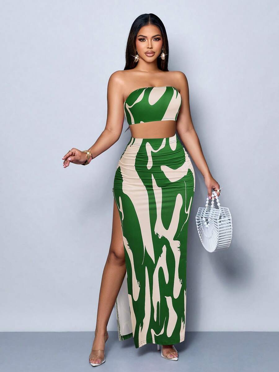 SOLERSUN 抽象条纹优雅色彩全印花紧身性感别致派对优雅度假抹胸长裙套装 - 彩色 - 查看 1