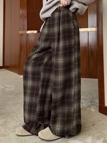 DAZY 女士休闲宽松拼色格子直筒裤，适合秋冬季、街头风格、新年、圣诞节 - 紅色 - 查看 4