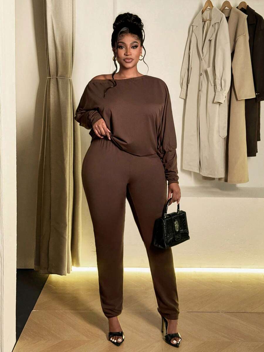 Maweii 大码复古别致不对称肩部两件套，百搭又时尚 - 棕色 - 查看 1