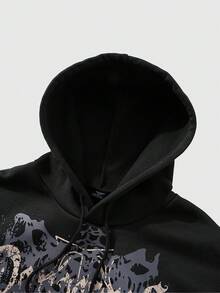 ROMWE MEN Goth Set casual pentru bărbați, cu hanorac și pantaloni, model de craniu și cruce, cu șnur, haine de toamnă - Negru - Vizualizare 3
