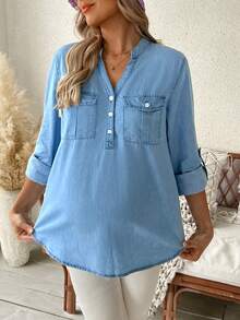 SHEIN Maternity Casual Button Half-Placket Flap Pocket Denim Jacket, Autumn