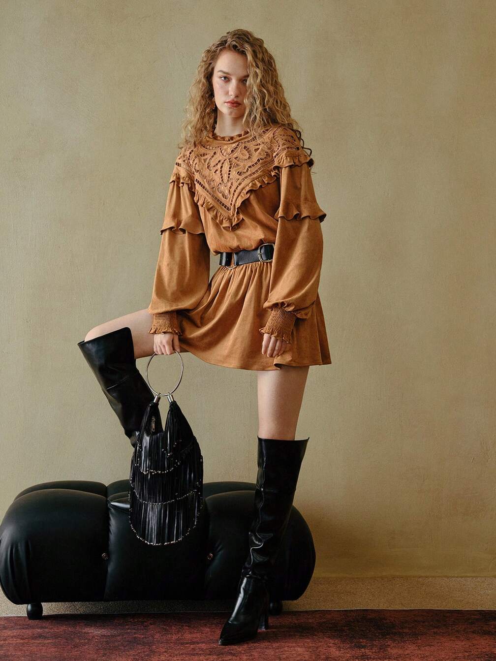 boho mini dress reviews MOTF STUDIO CONTRAST LACE RUFFLE CHIC DRESS｜Motf Color:M-Orange or style it with Ireka Black Denim Merchants Bodycon