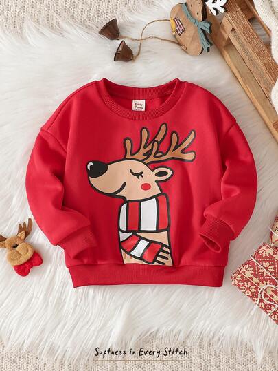 Cozy Pixies Baby Boy/Girl Cartoon Deer Pattern Soft Knit Crew Neck Long Sleeve Red Pullover Sweatshirt, Comfortable Versatile Fashionable Casual Cute Minimalist Basic Style, Suitable For Indoor, Outdoor Leisure, Skiing, Back To School, Daily Wear, Sports, Play, Party, Festival, Halloween, Christmas, New Year Toddler Sweatshirt Toddler Red Top Baby Boy Sweatshirt
