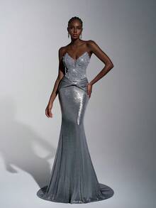 Elitara Thanh lịch, Lãng mạn, Gợi cảm, Tối giản, Xám, Vải sequin, Vải phủ chắp vá, Thời trang, Ngày lễ, Kỳ nghỉ, Tiệc sinh nhật, Sự kiện cưới, Váy dạ hội trang trọng - Xám - Xem 4