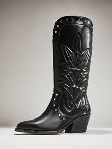 SHUZIA Women's Glamorous Point Toe Cap Chunky Heel Embroidery Western Cowgirl Boots - Black - View 6