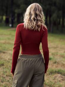 Medorelle ملابس علوية نسائية بياقة مستديرة وأكمام طويلة وتصميم لاصق، مناسبة لعيد الميلاد - الأحمر - مشاهدة 2