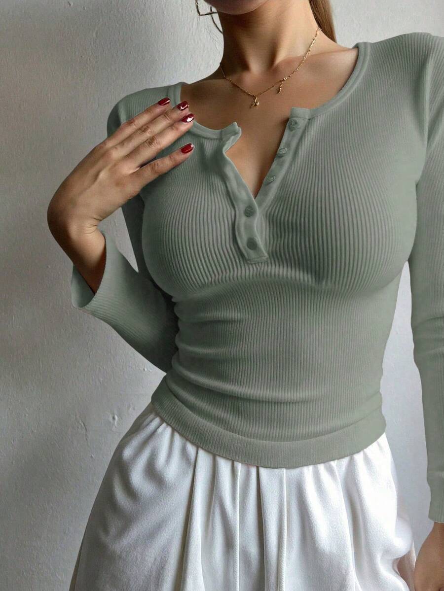DAZY Women's Solid Color Front Button Up Long Sleeve Casual Top,Fall Clothes - Grey - View 1