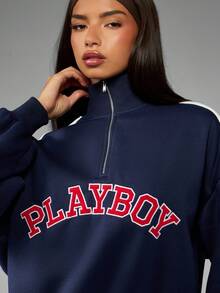 Missguided x Playboy Varsity Half Zip Funnel Neck Pullover Sweatshirt With Contrast Side Stripes And Logo Print - Blue - View 4