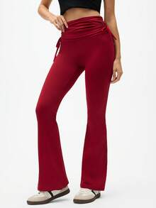 Eassivo Eassivo Pantalon de survêtement plissé à cordon de serrage de couleur unie décontracté pour femmes - Rouge foncé - Voir 4