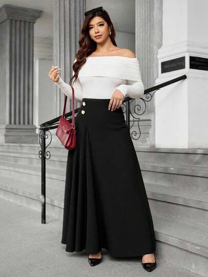 Easura 大码优雅时尚通勤垂坠金属扣装饰半身裙