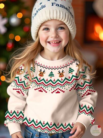 SHEIN Serie vintage de Crăciun, imprimeu crem și verde mentă cu fulgi de zăpadă Fair Isle, brad de Crăciun, ren, hanorac cu guler rotund, casual, minimalist, confortabil, pentru fete tinere, potrivit pentru toamnă/iarnă, zi de zi, Anul Nou, ținute streetwear, sărbători