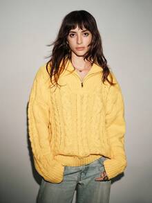 Lumivelle 女式长袖扭绳高领拉链套头毛衣，秋冬 - 黃色 - 查看 3