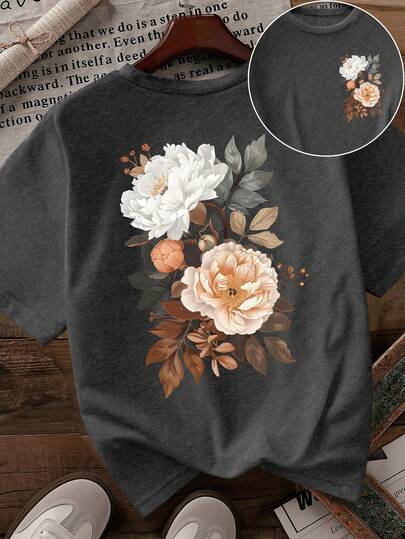 DrmWander Plus Size Summer Casual Floral Print Short Sleeve T-Shirt
