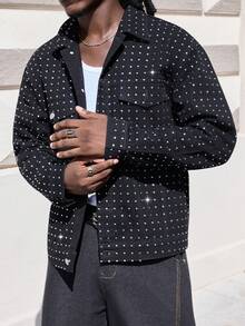 ROMWE MEN Street Life Men's Fashion Rhinestone Embellished Black Denim Jacket, Fall - Black - View 6