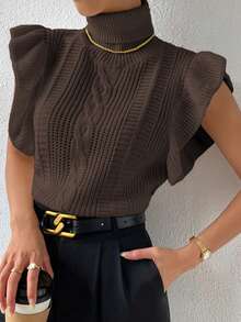 Rafferiza Women's Autumn/Winter High Collar Ruffle Hem Knitted Vest - Coffee Brown - View 7