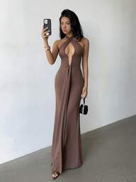Glamine Brown Color Sexy V Neck Halter Neck Backless Sleeveless Ruched Maxi Dress,Concert Dress,Club Dress,Date Night Dress,Streetwear,Elevated Elegance Dress,Prom Dress,Rave Dress,Women Birthday Dress,Party Must Have,Spring Dress