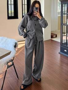 DAZY 两件套简约冬季抓绒针织长袖上衣和裤子舒适睡衣套装 - 灰色 - 查看 3