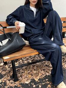 DAZY 女士休闲牛仔拉链夹克和阔腿牛仔裤套装，秋季