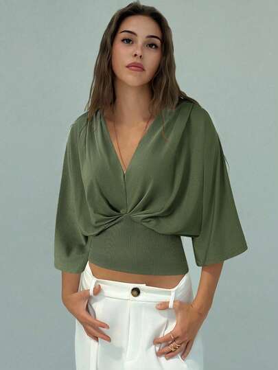 Aloruh New Minimalist V-Neck Dropped Shoulder Ruched Waist Solid Color Pullover T-Shirt, Versatile For Commuting