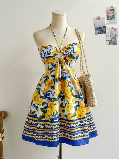 Soleia Blue & White Floral Print Drawstring Neck Hollow Out Waist Romantic Casual Vacation Dress For Women