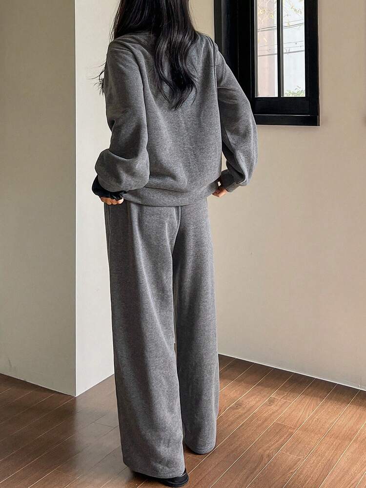 2pcs Minimalist Winter Fleece Knit Fabric Long Sleeve Top And Pants Cozy Pajama Set
