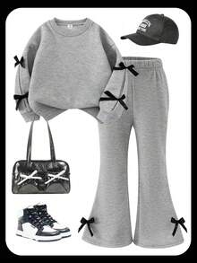 SHEIN 2 件套年轻女孩韩版休闲灰色运动衫，带蝴蝶结和喇叭裤套装，独特的秋冬装 - 灰色 - 查看 3