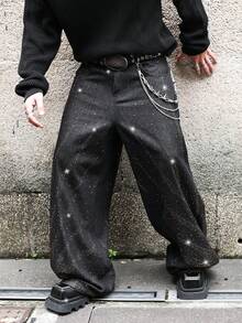 ROMWE MEN Street Life Men's Fashionable Retro Rhinestone Embellished Wide Leg Jeans - Black - View 1