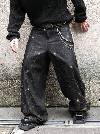 Street Life Herren modische Retro Jeans mit weitem Bein und Strass Verzierung