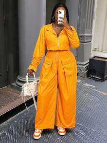 Slaydiva 秋冬新款女装休闲街头风音乐节复活节生日派对日常百搭爆款褶裥长袖拉链短款外套和阔腿裤时尚套装 - 橘色 - 查看 11