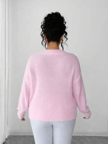 Elenzga Suéter de punto con cuello en V, unicolor, con perlas metálicas, para mujer de talla grande, informal para otoño/invierno, adecuado para Navidad, Halloween, vuelta al colegio - Rosa - Ver 2