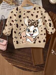 SHEIN 2pcs/Set Cute Sweet Young Girls Rabbit & Leopard Print Knit Soft Crew Neck Long Sleeve Sweatshirt And Leopard Print Leggings Set, Suitable For Autumn/Winter, Comfortable And Layerable, Fashionable Casual Wear, Graphic Design, Back To School, Outdoor Picnic, Street Photography, Campus, Holidays, Gift - Multicolor - View 5