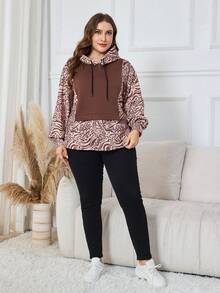 Lacomfia Plus Size Color Block Print Hooded Sweatshirt For Women - Coffee Brown - View 3