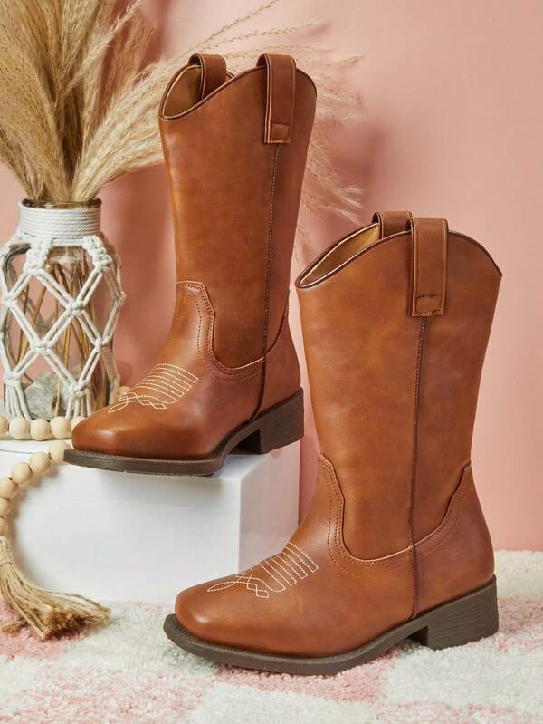 Mini mi #LittleRider Kids' Square Toe Easy Pull-On Tabs & Low Block Heel Premium Vegan Leather Tan Mid-Calf Western Cowboy Boots –  Design With Classic Stitching For Everyday Adventure & Style