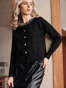 Suéter de punto negro de manga larga minimalista para mujer Uhlyne, elegante blusa casual con cuentas para ir a la oficina, la escuela o el trabajo en otoño - Negro - Ver 4