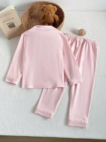 SHEIN Vintaside Kids Mädchen Flach Rosa Kragen Pyjama Set, Kinder Bequeme Nachtwäsche, Süßes Stickerei Design, Langarm Oberteil und Hose, Frühling/Herbst - Pink - Übersicht 2