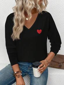 EMERY ROSE Women's New Arrival Heart Pattern V-Neck Long Sleeve Casual Versatile T-Shirt, Autumn/Winter - Black - View 6