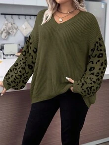 SHEIN LUNE Plus Size Women Casual Leopard Print Dropped Shoulder Loose Lantern Sleeve Sweater, Suitable For Daily Commute, Autumn/Winter - Green - View 6