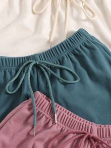 3 件套女士纯色腰系休闲家居短裤 - 彩色 - 查看 4
