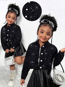 SHEIN Young Girl' Rhinestone Embellished Gray Denim Lapel Long Sleeve Cropped Loose Jacket - Black - View 1
