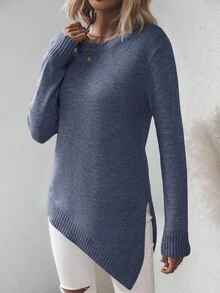 SHEIN LUNE 女式纯色圆领长袖不对称下摆休闲套头毛衣，秋冬 - 藏蓝色 - 查看 5