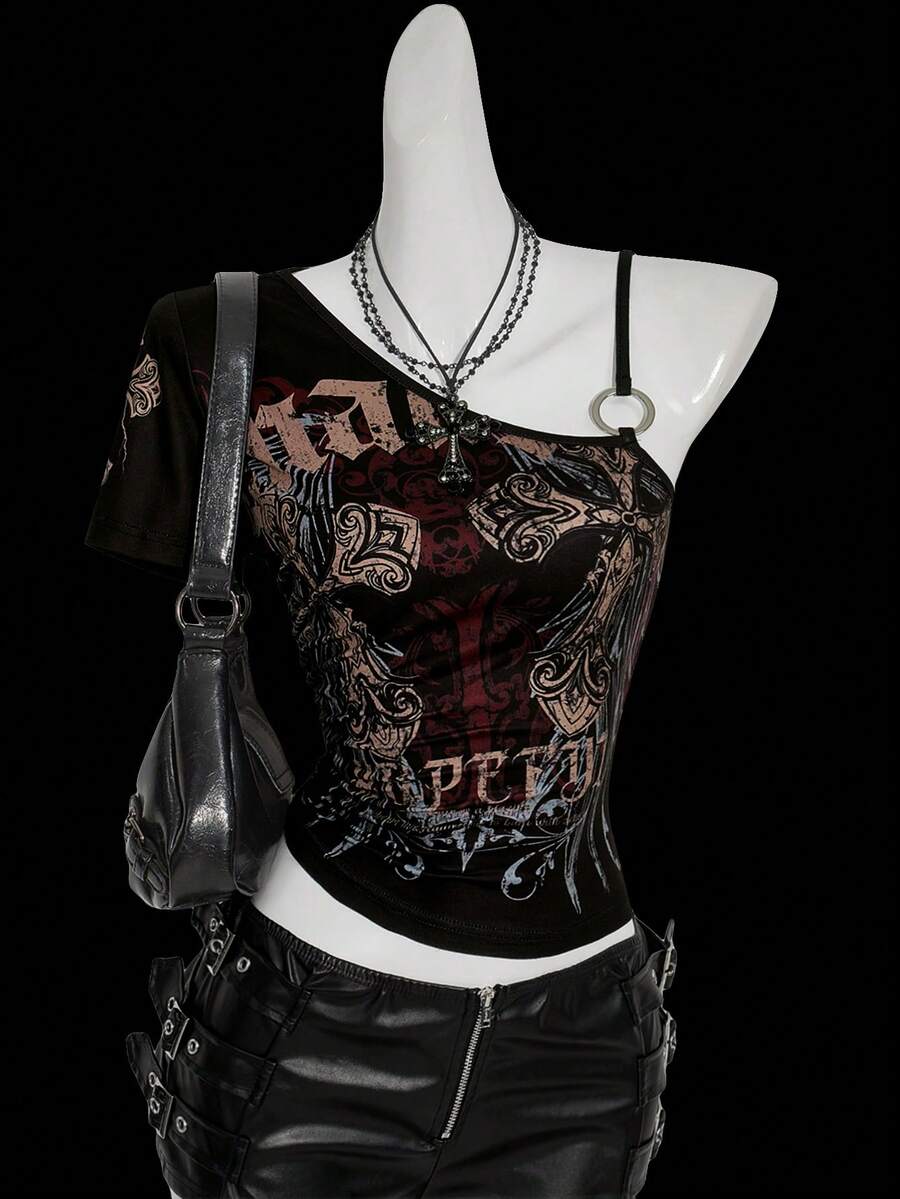 SHEIN ICON Y2k Women's Fall/Winter Goth Gothic Grunge Rock Cross Print Asymmetric Collar Top  Gothic Women Clothes Punk Tops Buckle Top - Multicolor - View 1